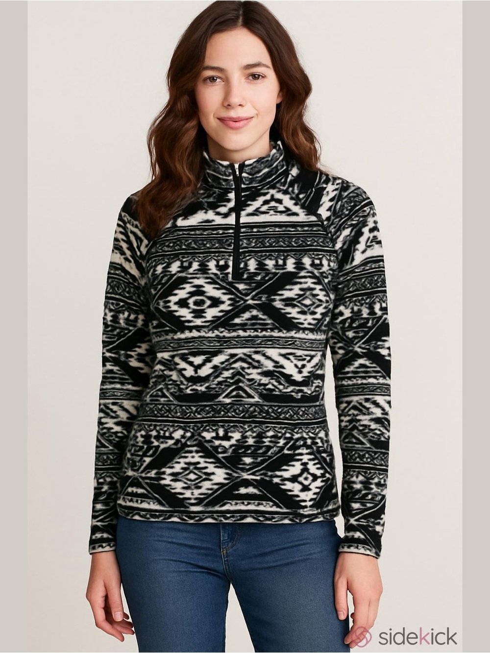 Eddie Bauer Women's Black White Aztec Fleece 1/4 Zip Pullover, Size Medium.